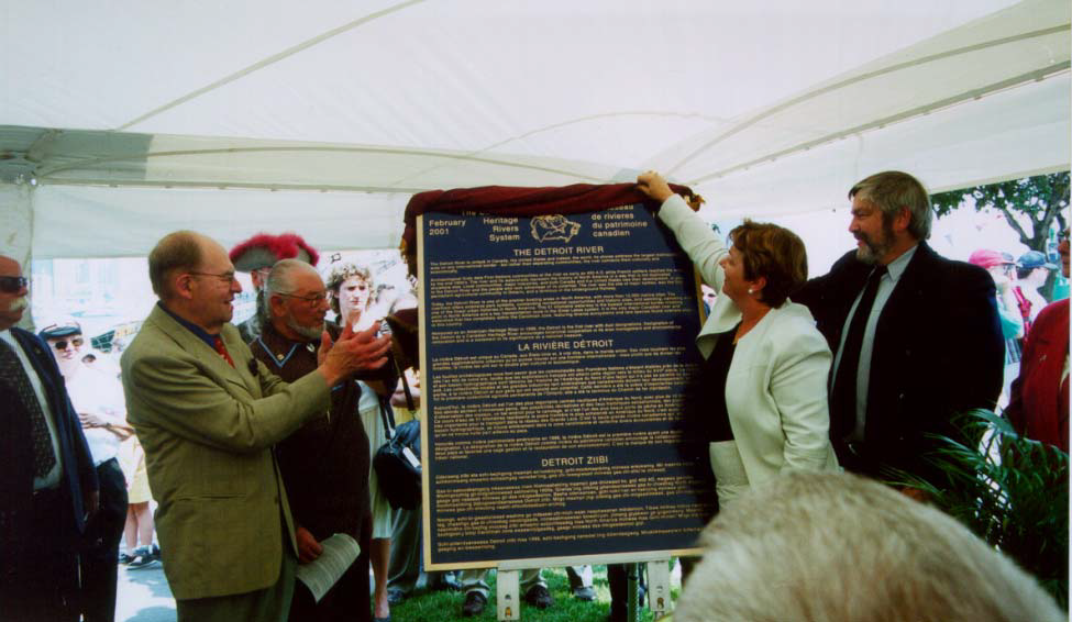 The Detroit River is designated as a Canadian Heritage River by Rt. Hon. Herb Gray, Deputy Prime Minister of Canada, Hon. Sheila Copps, Minister of Canadian Heritage, and ERCA Chair Tom Bain.  Photo: Essex Region Conservation Authority