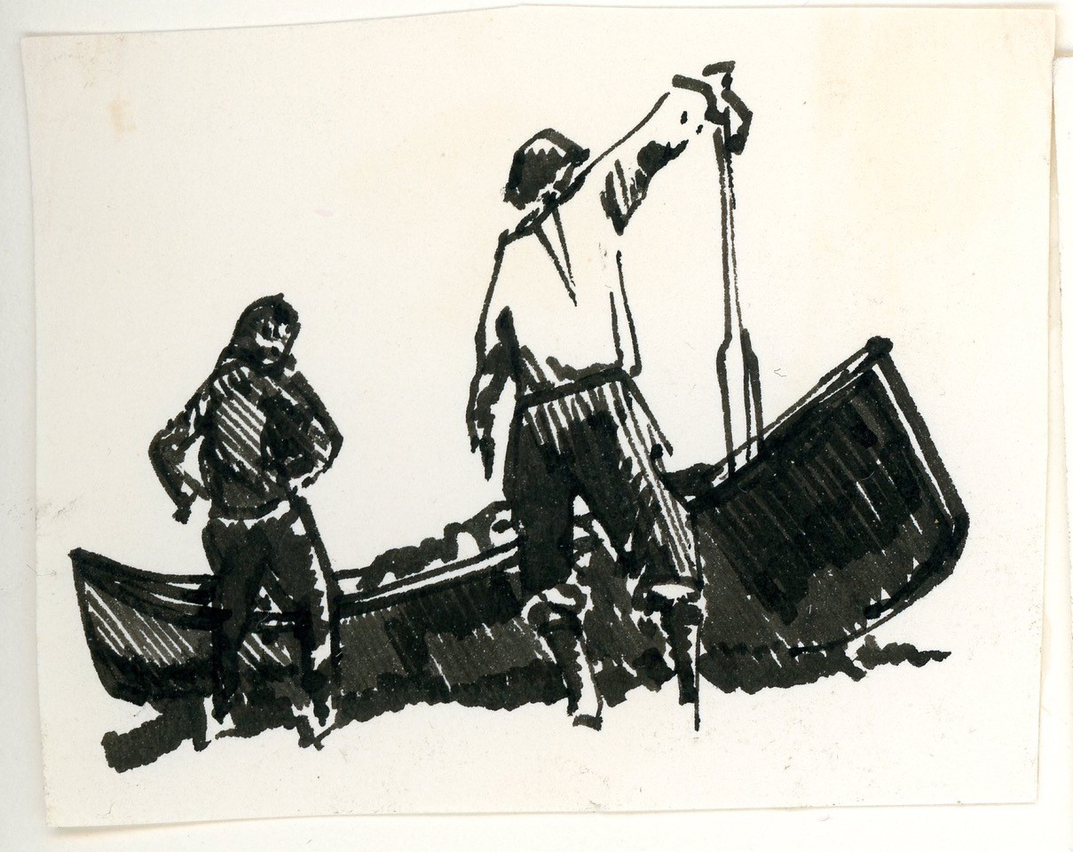 Survey crew member, Robert Amos, draws this image while paddling the White River on the north shore of Lake Superior in June 1973. Credit: Robert Amos