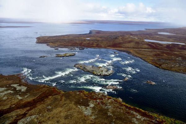 An aerial photo of the Three Cascades, a series of waterfalls on the Kazan River. 