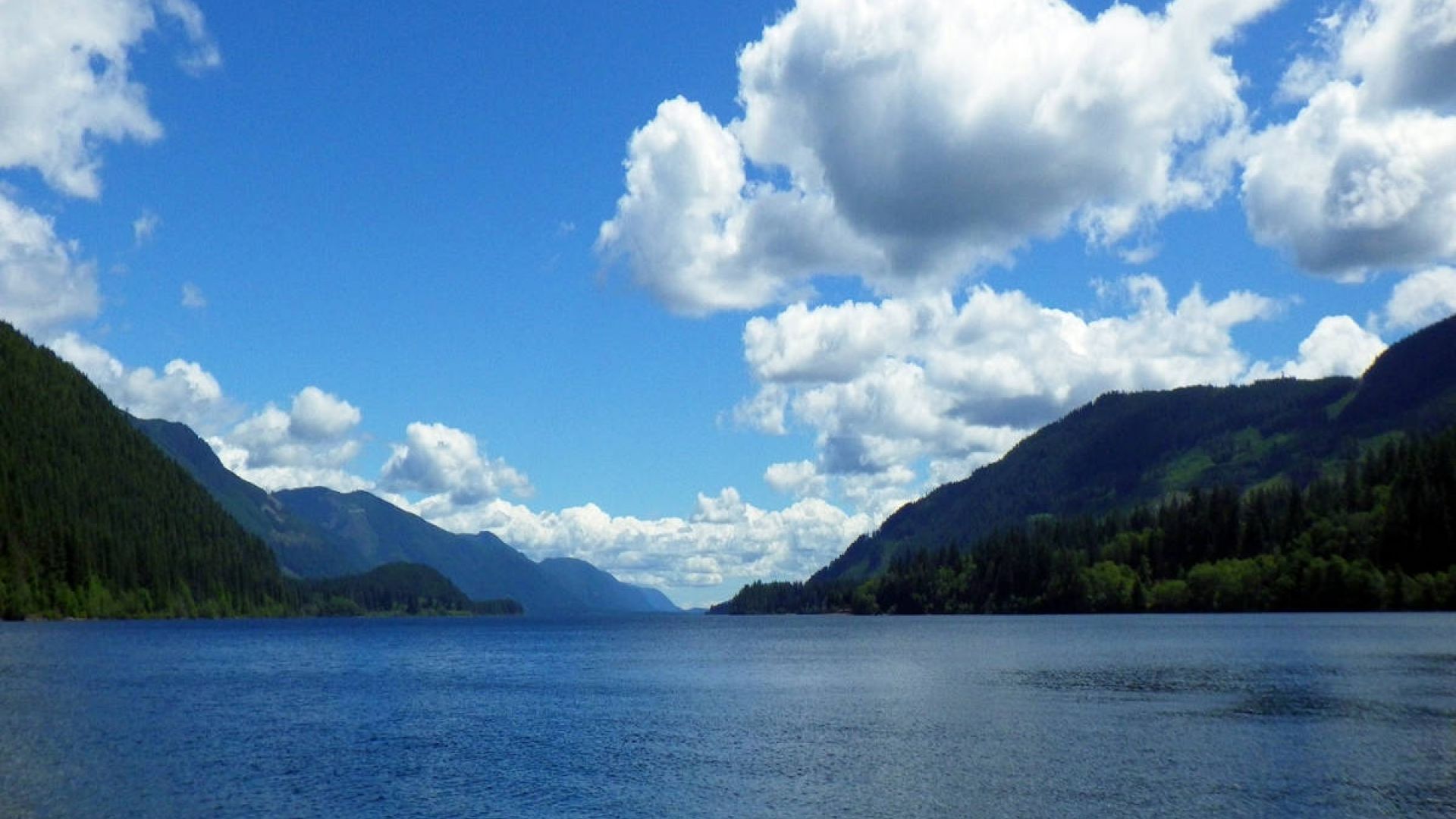 Lake surrounded by forested mountains and blue skies. Cowichan River