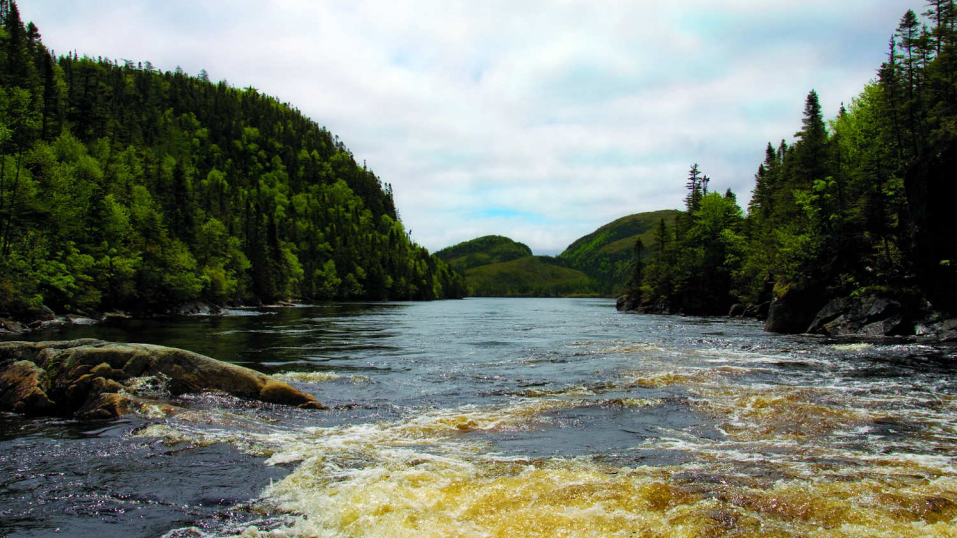 Le passage de la rivière Bay du Nord est entouré d'un paysage densément boisé.