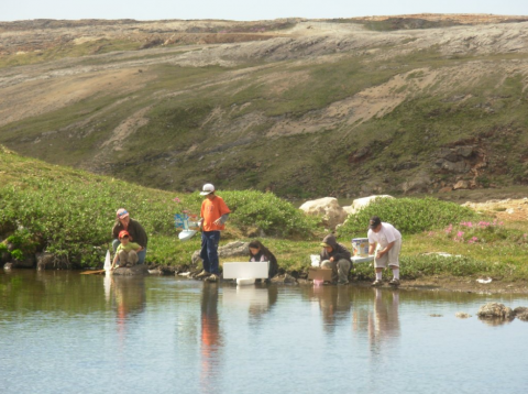 Children take part in a homemade boat race, in Kimmirut, Nunavut      