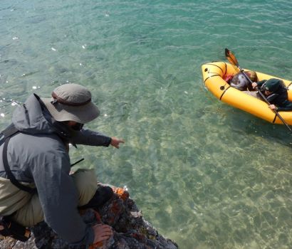 Une personne dans un bateau et une personne sur la rive regardant les poissons dans la rivière Kicking Horse.