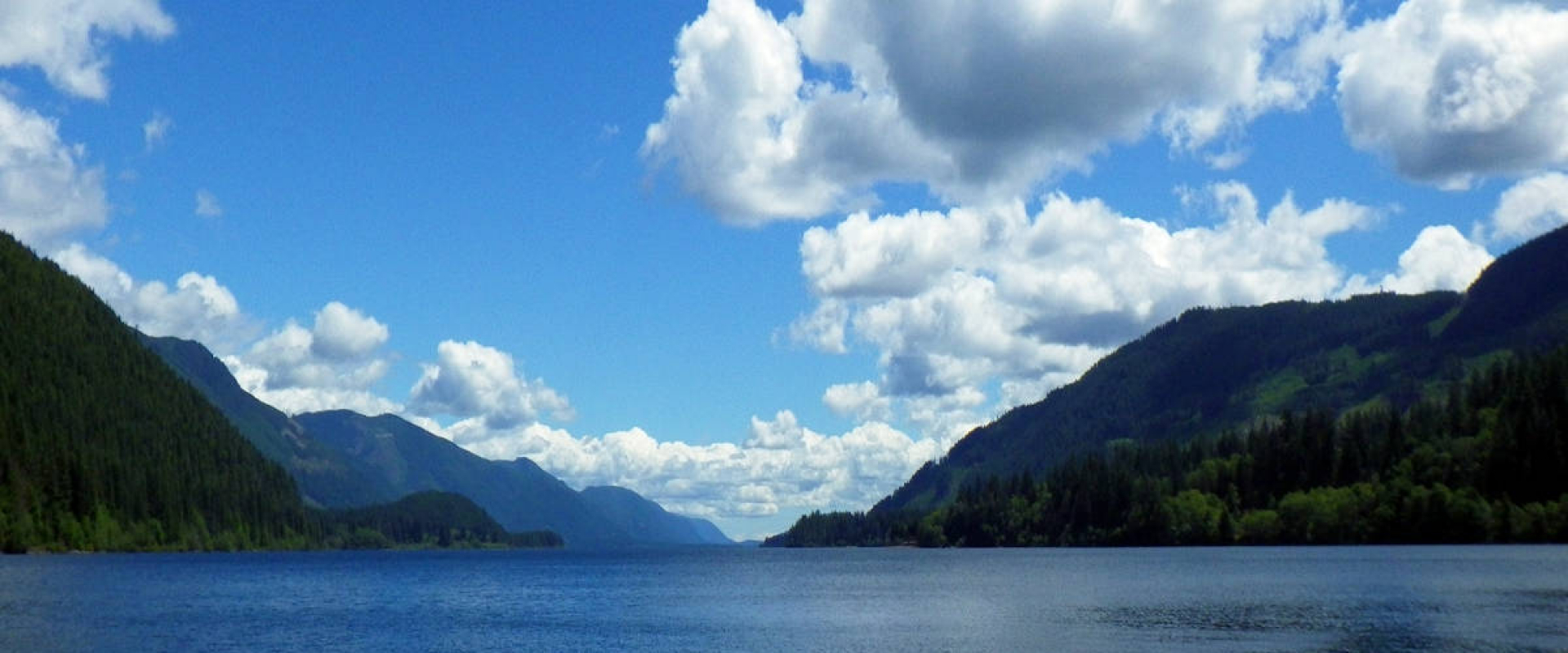 Lake surrounded by forested mountains and blue skies. Cowichan River